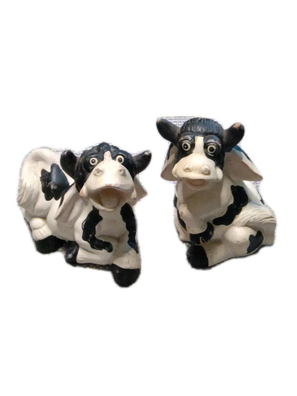 Vintage Black & White Cow Figurines Pair - Farmhouse Kitchen Decor 5 Inches Tall